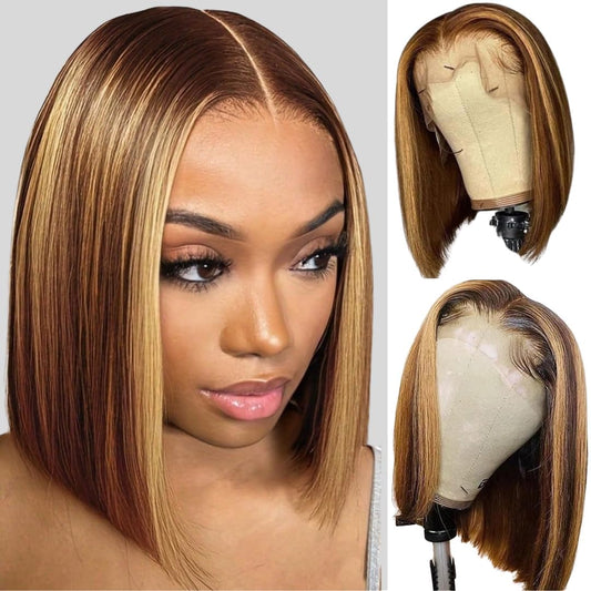 Short Bob Wig 4/27 Honey Blonde Highlight, 12A Straight Small Cap 13x4 Lace Frontal Wigs Human Hair Pre Plucked With Baby Hair