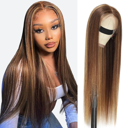 #4/27 Honey Blonde Highlight Body Wave 13X4 Lace Frontal Wigs Pre Everything Straight Human Hair