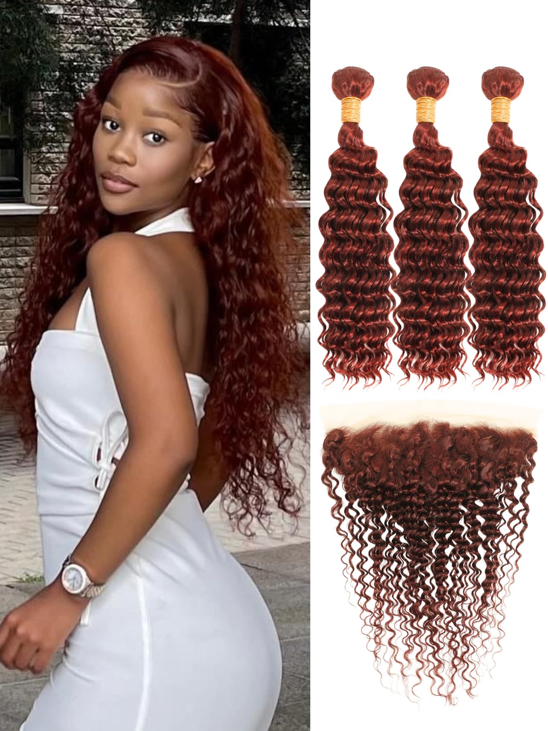 #33 Reddish Brown Body Wave 3 Bundles With 13x4 Ear to Ear Lace Frontal Deep Wave Bundle With Frontal