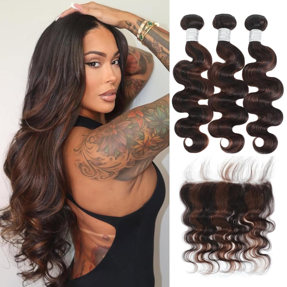 #4 Dark Brown Colored Body Wave 3 Bundles and Ear to Ear 13x4 HD Lace Frontal Closure Free Part