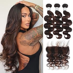 #F2/4 Dark Chocolate Brown Highlighted Body Wave 3 Bundles with 13x4 HD Lace Frontal Human Hair