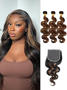 F1B/30 Brown Highlight Body Wave 3 Bundles With 4x4/2x6/5x5 Closure Water Wave bundles With 4x4 HD Lace Closure