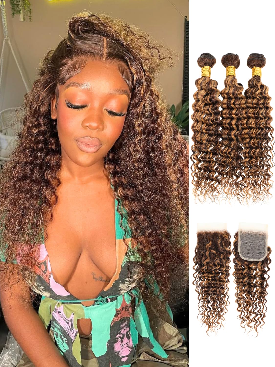 Body Wave 4/27 Honey Blonde Highlight 3 Bundles with 2x6/4x4/5x5 Lace Closure Include Water Wave Kinky Curly Deep Wave