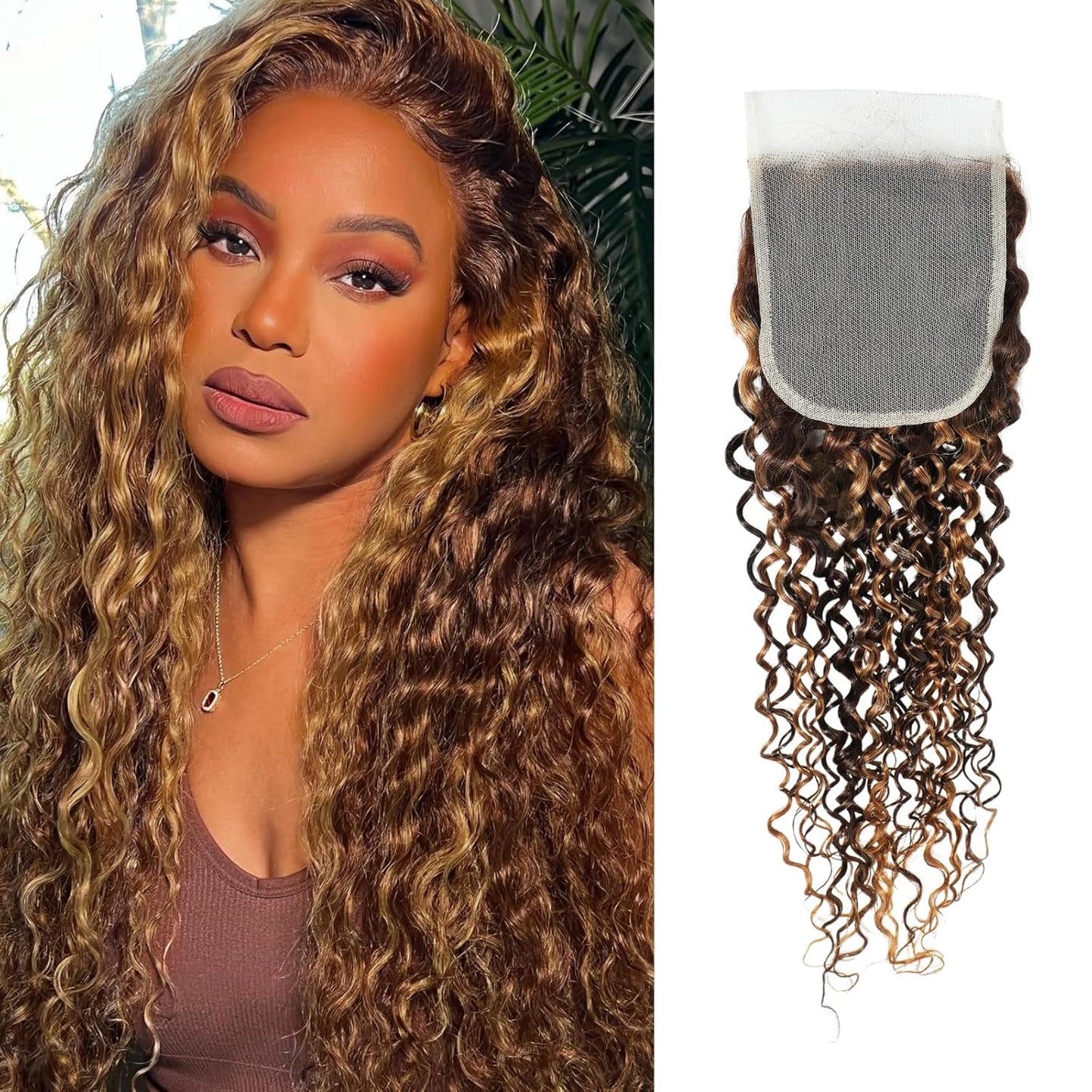 Body Wave Honey Blonde Highlight Brown Ombre 4/27 Colored 4x4 Closure Deep/Water Wave Human Hair