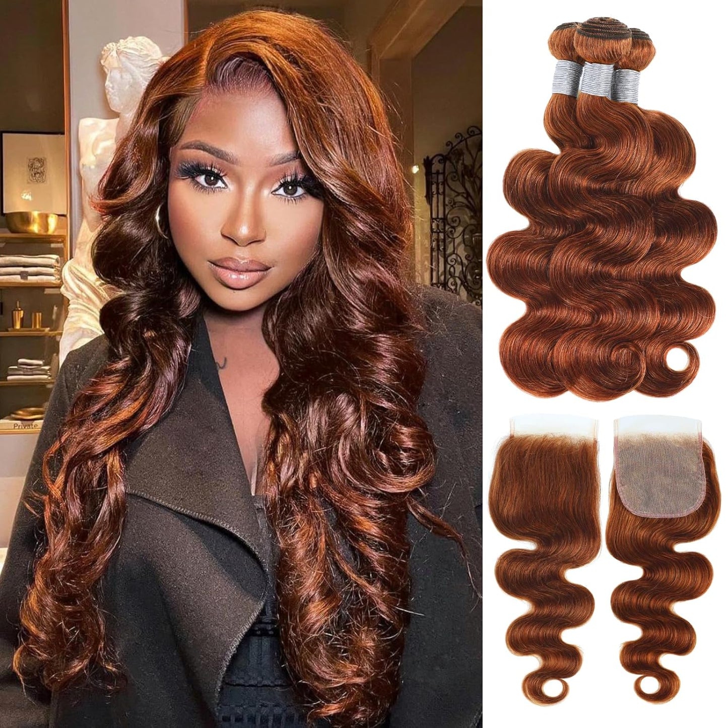 #33 Reddish Brown Body Wave 3 Bundles with 2x6/4x4 HD Lace Closure