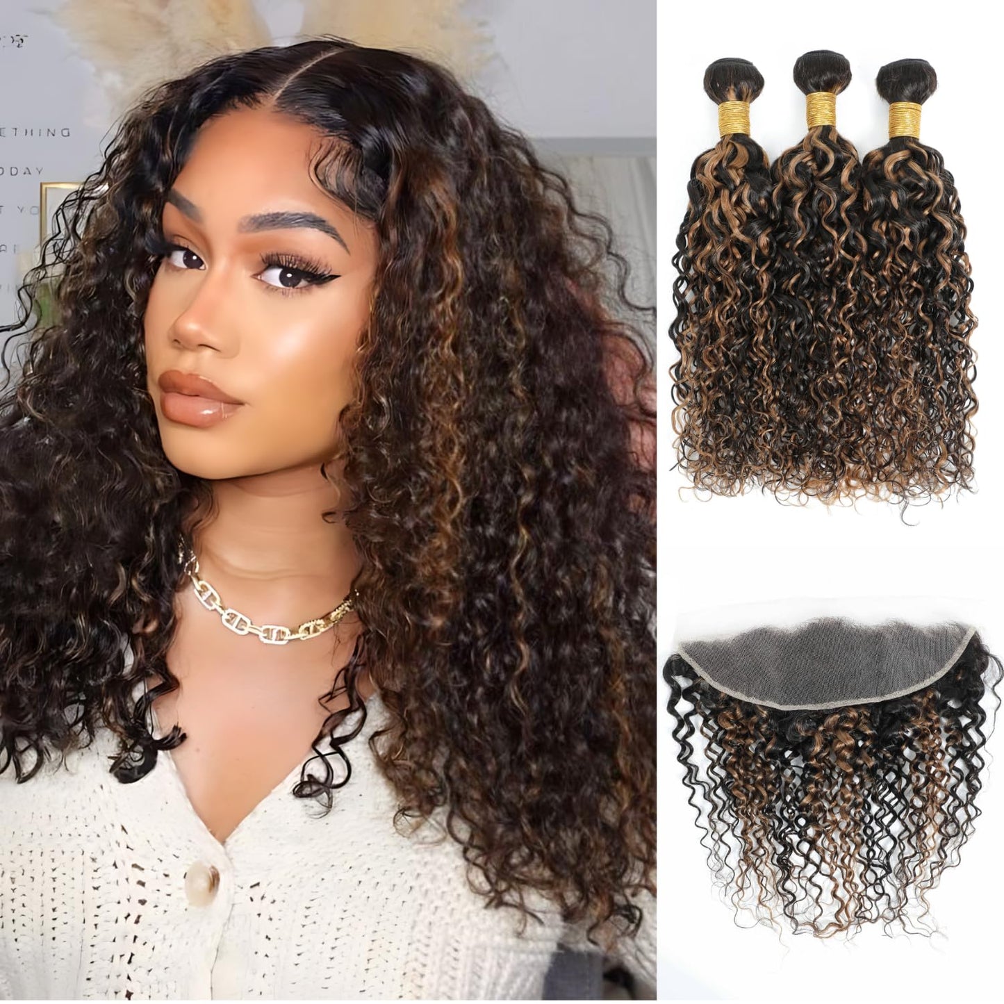 #1b/30 Brown Highlight Body Wave 3 Bundles with 13x4 HD Lace Frontal Water Wave Bundle With Frontal