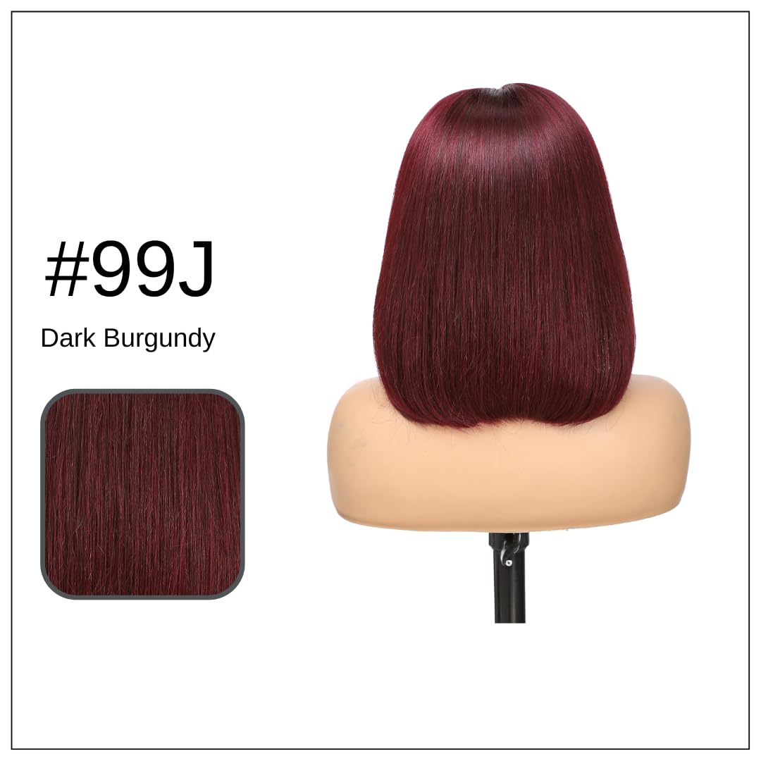 Short Bob Wig 99J Dark Burgundy, 12A Straight Small Cap 13x4 Lace Frontal Wigs Human Hair Pre Plucked With Baby Hair