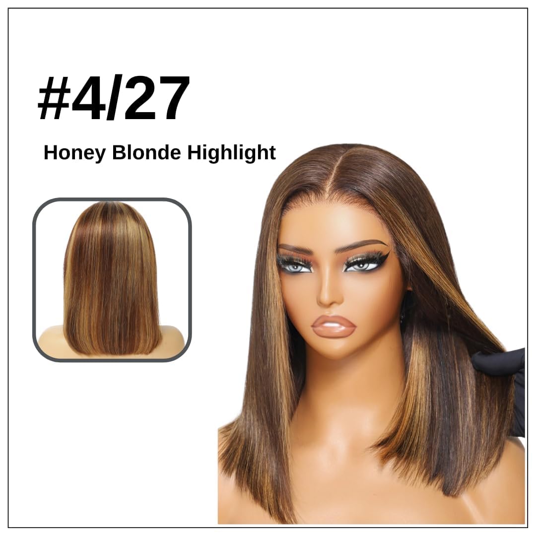 Short Bob Wig 4/27 Honey Blonde Highlight, 12A Straight Small Cap 13x4 Lace Frontal Wigs Human Hair Pre Plucked With Baby Hair