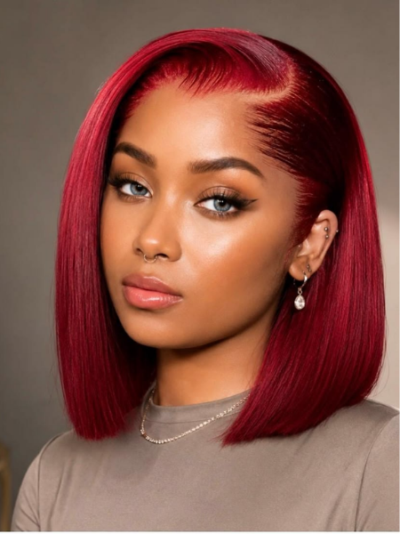 Short Bob Wig 99J Dark Burgundy, 12A Straight Small Cap 13x4 Lace Frontal Wigs Human Hair Pre Plucked With Baby Hair