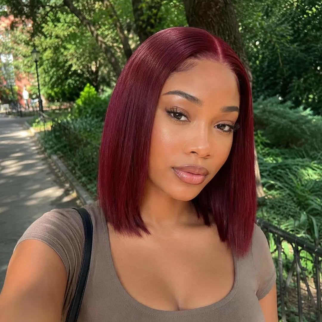 Short Bob Wig 99J Dark Burgundy, 12A Straight Small Cap 13x4 Lace Frontal Wigs Human Hair Pre Plucked With Baby Hair