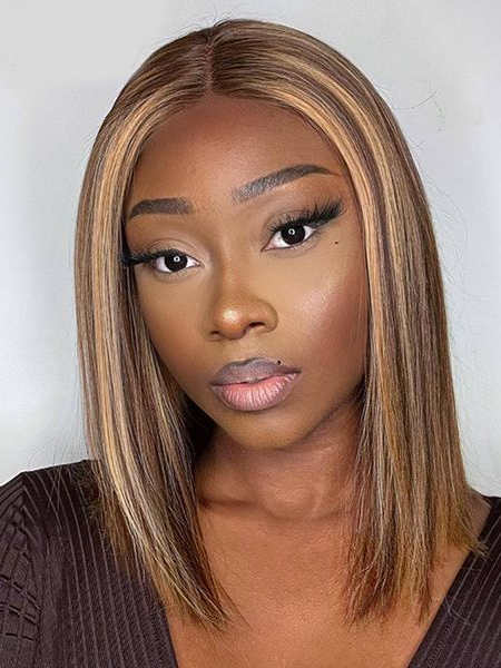 Short Bob Wig 4/27 Honey Blonde Highlight, 12A Straight Small Cap 13x4 Lace Frontal Wigs Human Hair Pre Plucked With Baby Hair