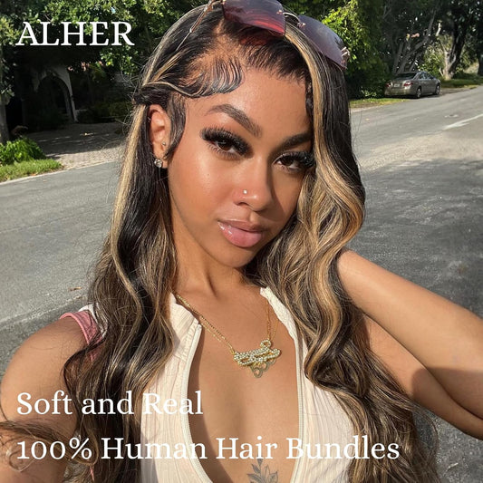 12A #F1B/27 Blonde Ombre Human Hair Bundles With HD Lace Closure Body Wave, 100% Remy Hair Black and Blonde Highlight Colored
