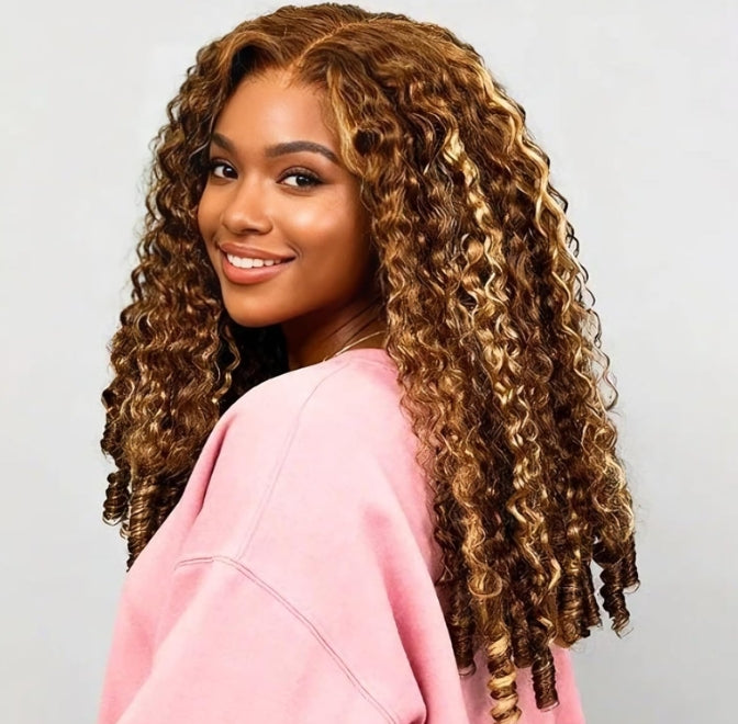 P4/27 Honey Blonde Highlight 5x5 Lace Front Wig Burmese Curly Human Hair