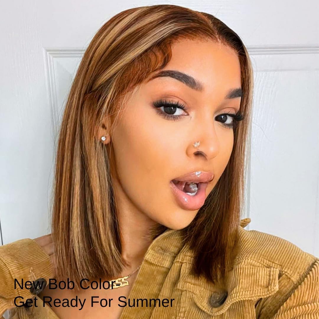 Short Bob Wig 4/27 Honey Blonde Highlight, 12A Straight Small Cap 13x4 Lace Frontal Wigs Human Hair Pre Plucked With Baby Hair