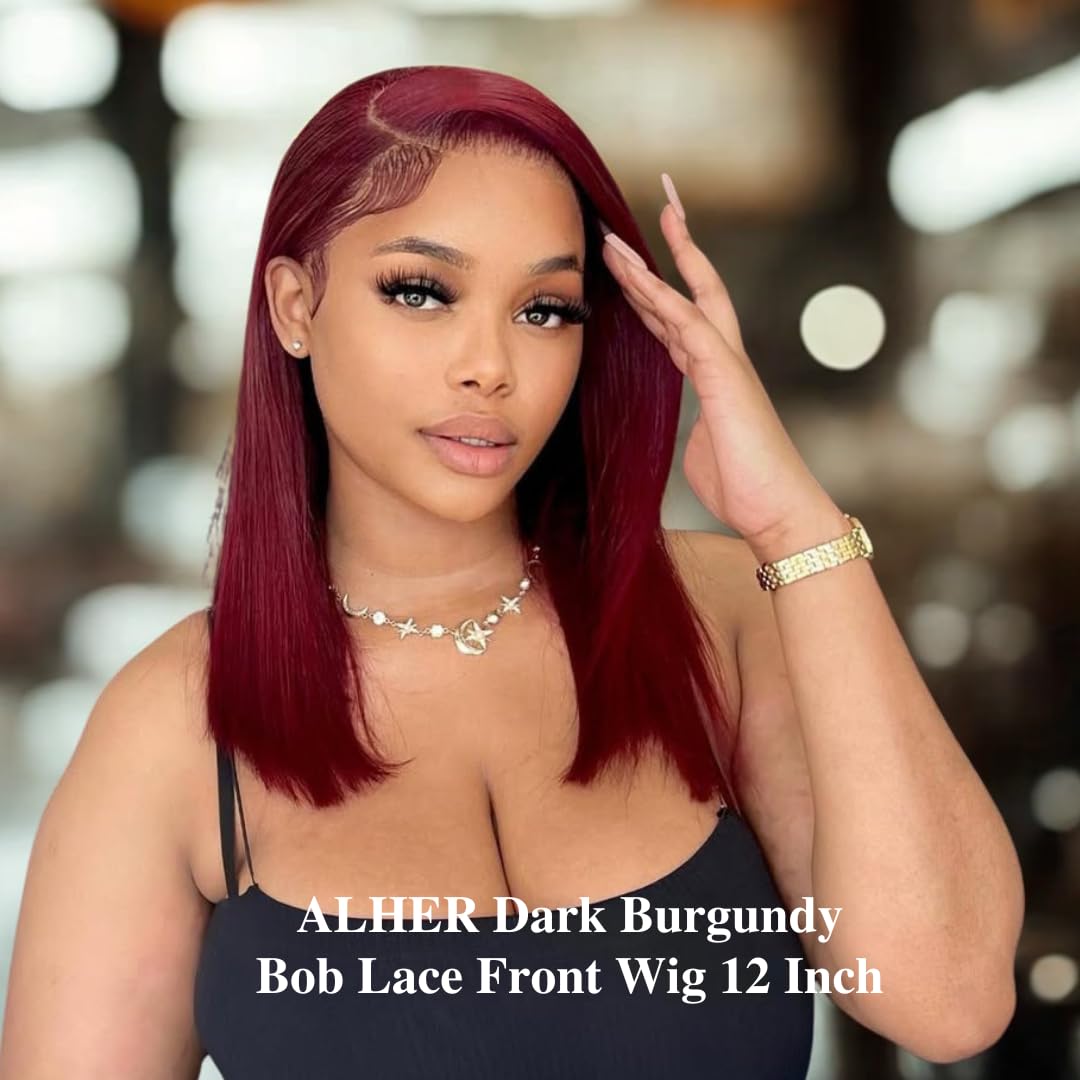 Short Bob Wig 99J Dark Burgundy, 12A Straight Small Cap 13x4 Lace Frontal Wigs Human Hair Pre Plucked With Baby Hair