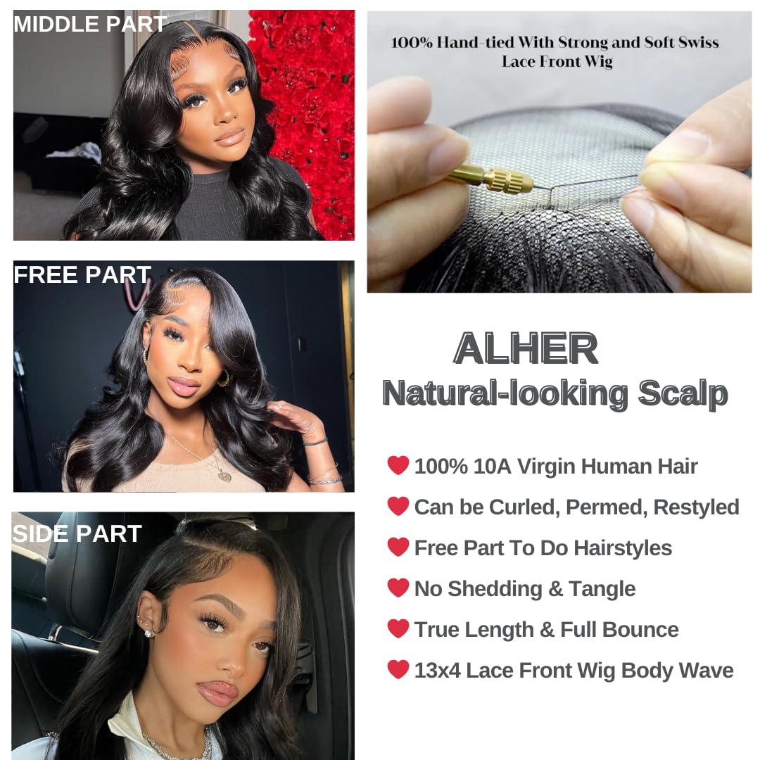 ALHER Small Cap Lace Front Wigs Human Hair Pre Plucked Body Wave, 13X4 HD Transparent Lace Frontal Wigs With Baby Hair 180% Density