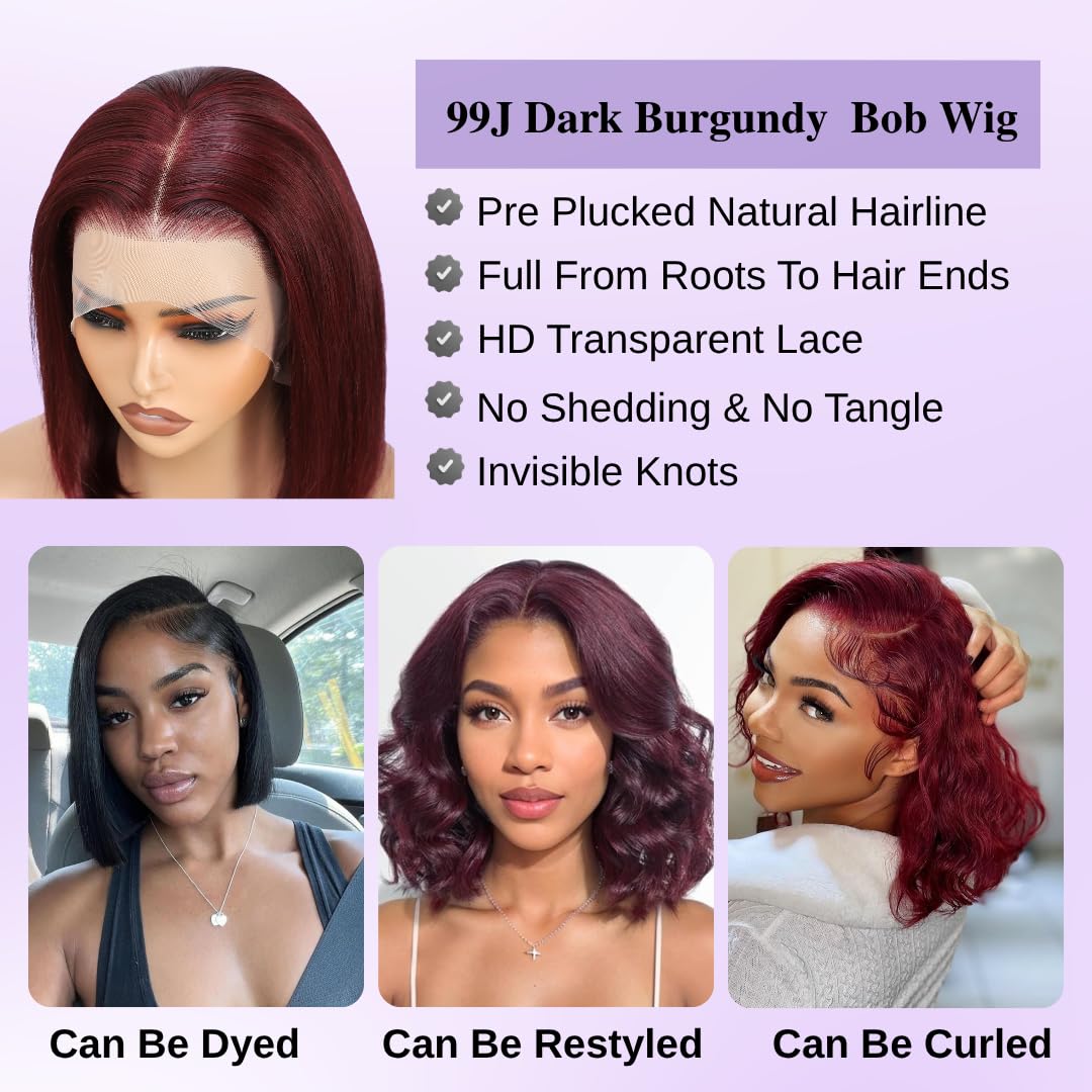 Short Bob Wig 99J Dark Burgundy, 12A Straight Small Cap 13x4 Lace Frontal Wigs Human Hair Pre Plucked With Baby Hair