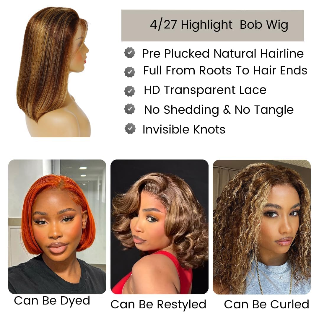 Short Bob Wig 4/27 Honey Blonde Highlight, 12A Straight Small Cap 13x4 Lace Frontal Wigs Human Hair Pre Plucked With Baby Hair