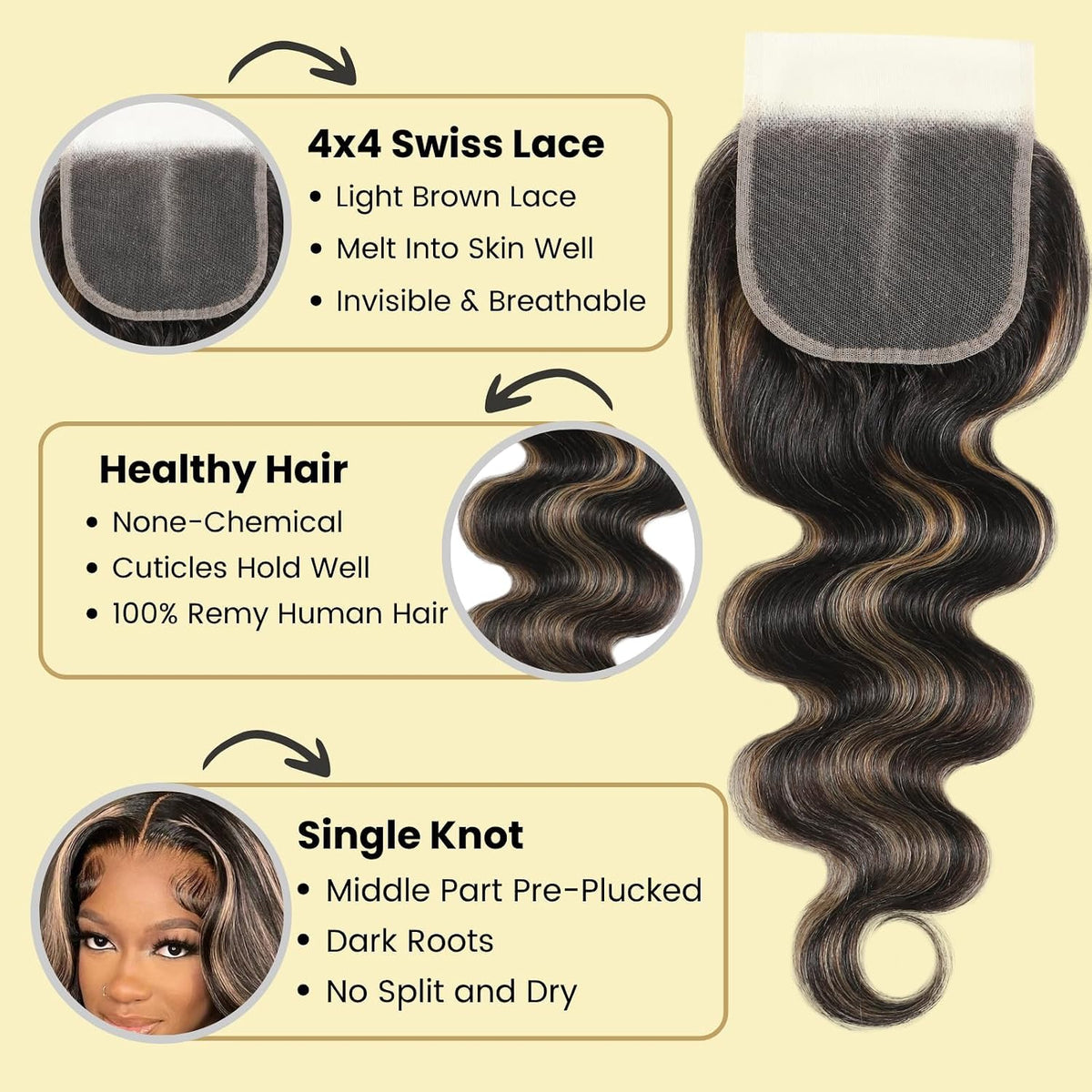 12A #F1B/27 Blonde Ombre Human Hair Bundles With HD Lace Closure Body Wave, 100% Remy Hair Black and Blonde Highlight Colored