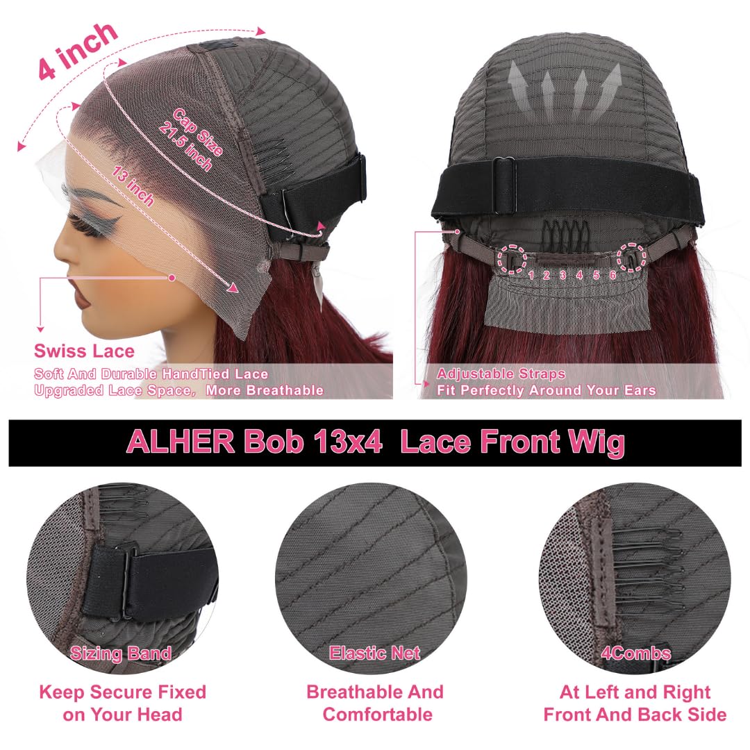 Short Bob Wig 99J Dark Burgundy, 12A Straight Small Cap 13x4 Lace Frontal Wigs Human Hair Pre Plucked With Baby Hair