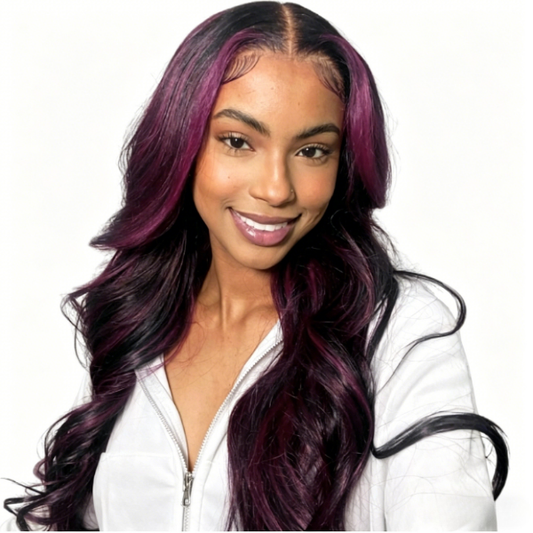 #1B/Purple Highlight Body Wave 3 Bundles with 4x4/2x6/5x5 Free Part Closure