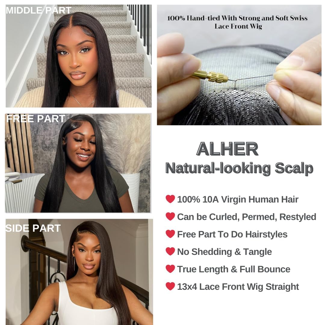 ALHER Small Cap Lace Front Wigs Human Hair Pre Plucked Straight, 13X4 Transparent Lace Frontal Wigs With Baby Hair 180% Density for Black Women