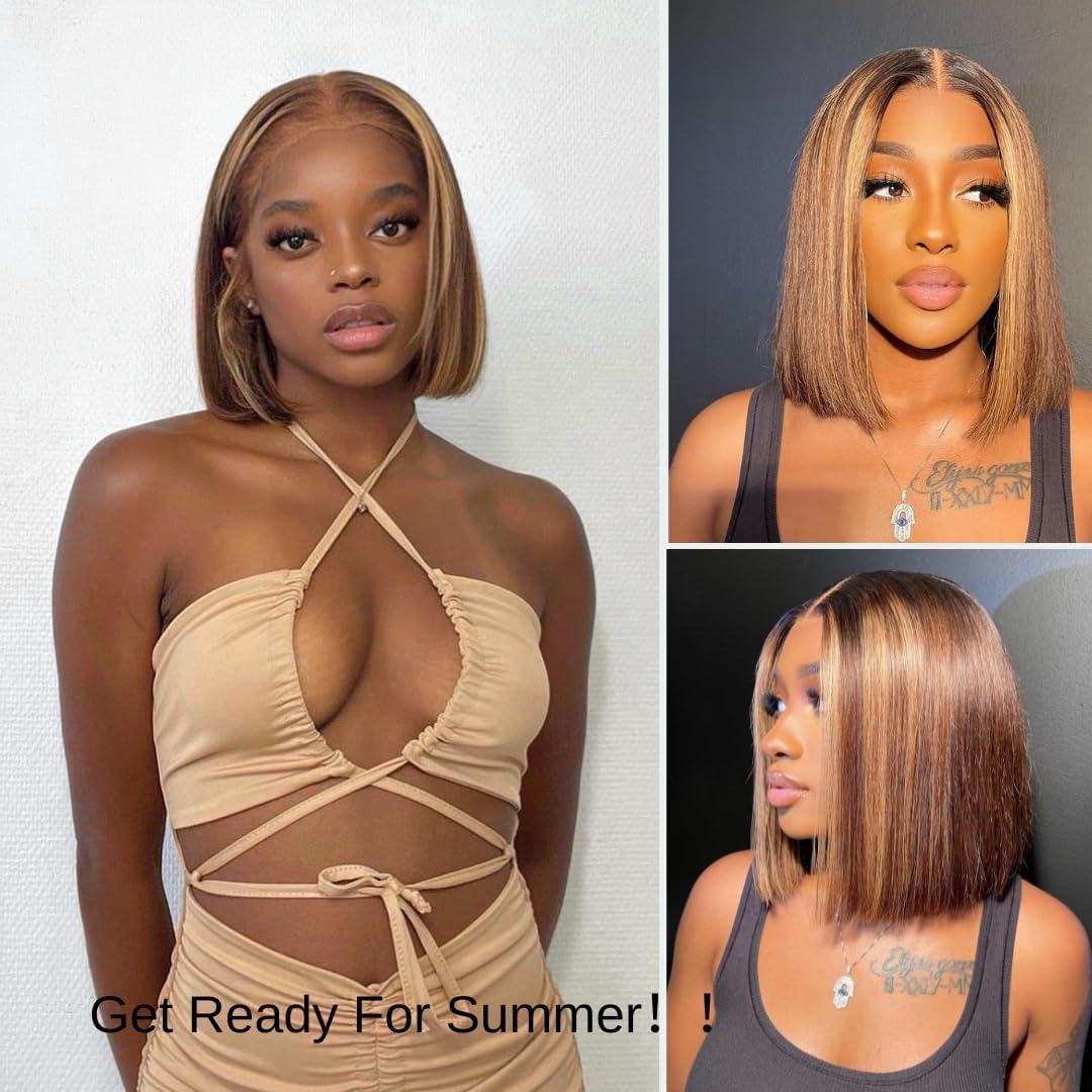 Short Bob Wig 4/27 Honey Blonde Highlight, 12A Straight Small Cap 13x4 Lace Frontal Wigs Human Hair Pre Plucked With Baby Hair