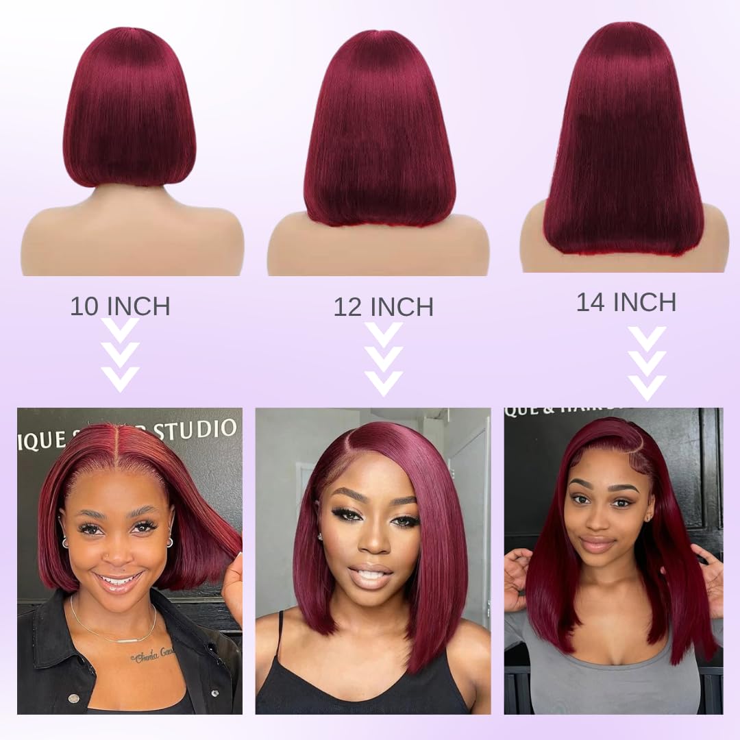 Short Bob Wig 99J Dark Burgundy, 12A Straight Small Cap 13x4 Lace Frontal Wigs Human Hair Pre Plucked With Baby Hair