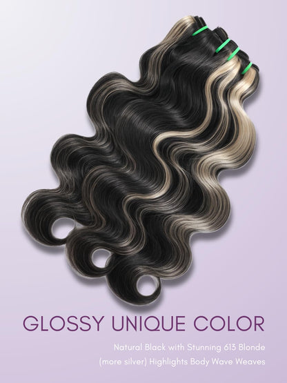 #F1B/613 Platinum Blonde Highlight Black Mix Color 1/3 Bundles Body Wave 100% Virgin Human Hair
