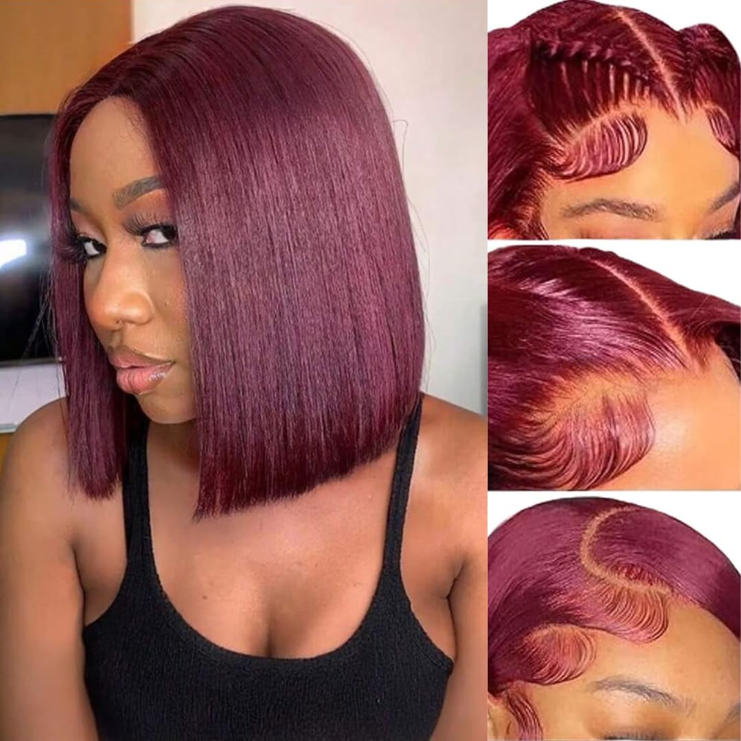 4/27 Honey Blonde Highlight Short Bob Wig 99J Dark Burgundy Wear & Go Wigs Natural Color Straight Hair Pre Cut 13x4 Lace Frontal Wigs