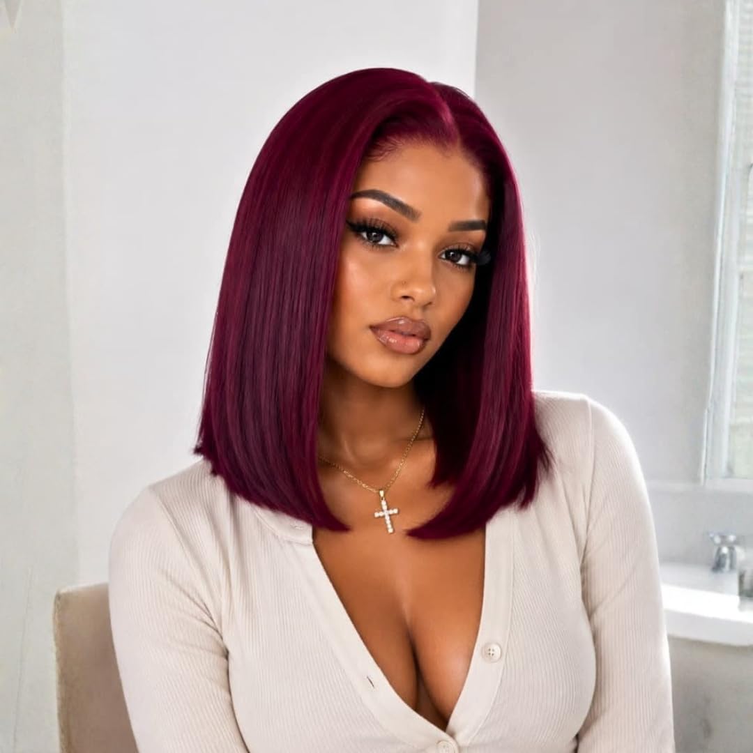 Short Bob Wig 99J Dark Burgundy, 12A Straight Small Cap 13x4 Lace Frontal Wigs Human Hair Pre Plucked With Baby Hair