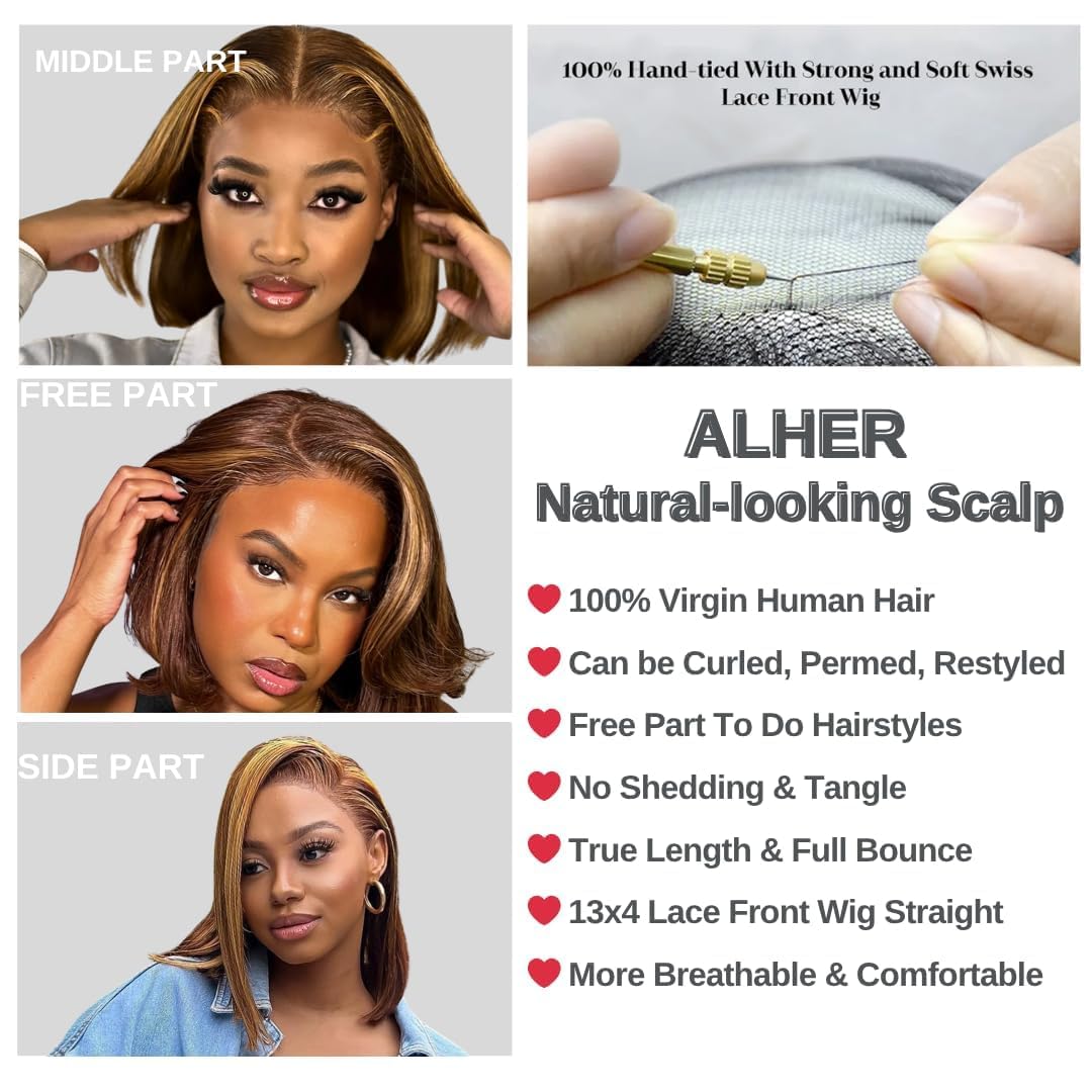 Short Bob Wig 4/27 Honey Blonde Highlight, 12A Straight Small Cap 13x4 Lace Frontal Wigs Human Hair Pre Plucked With Baby Hair