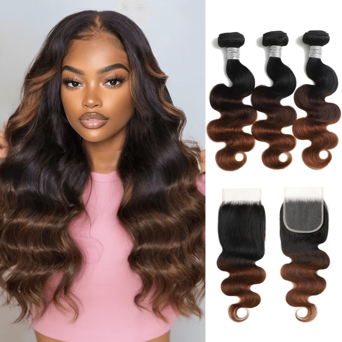 #T1B/2/30 Chestnut Brown Ombre Body Wave 3 Bundles with 4x4/2x6/5x5 Hd Lace Closure