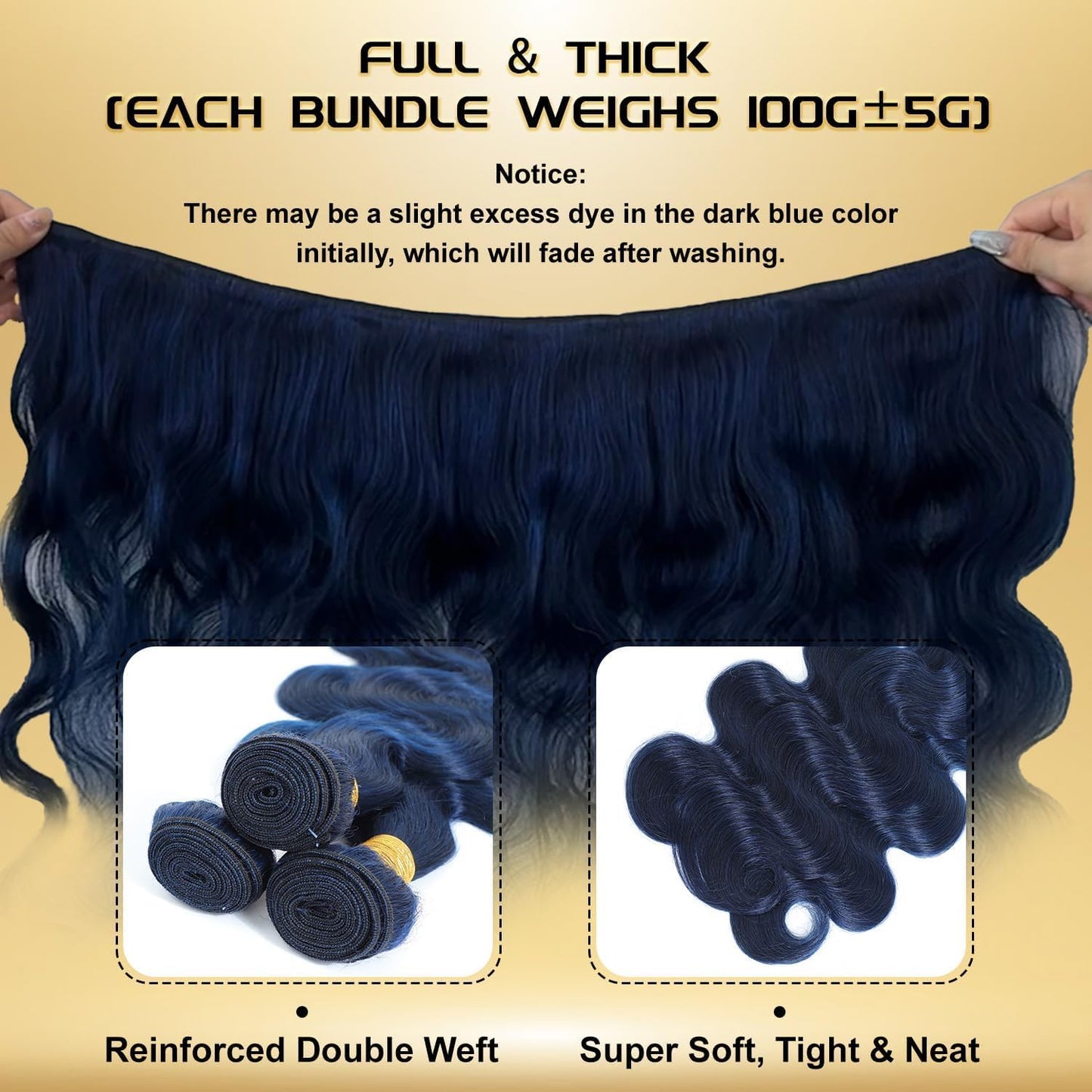 Midnight Dark Blue Body Wave 1/3 Bundles 100% Virgin Human Hair