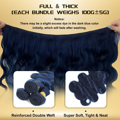 Midnight Dark Blue Body Wave 1/3 Bundles 100% Virgin Human Hair