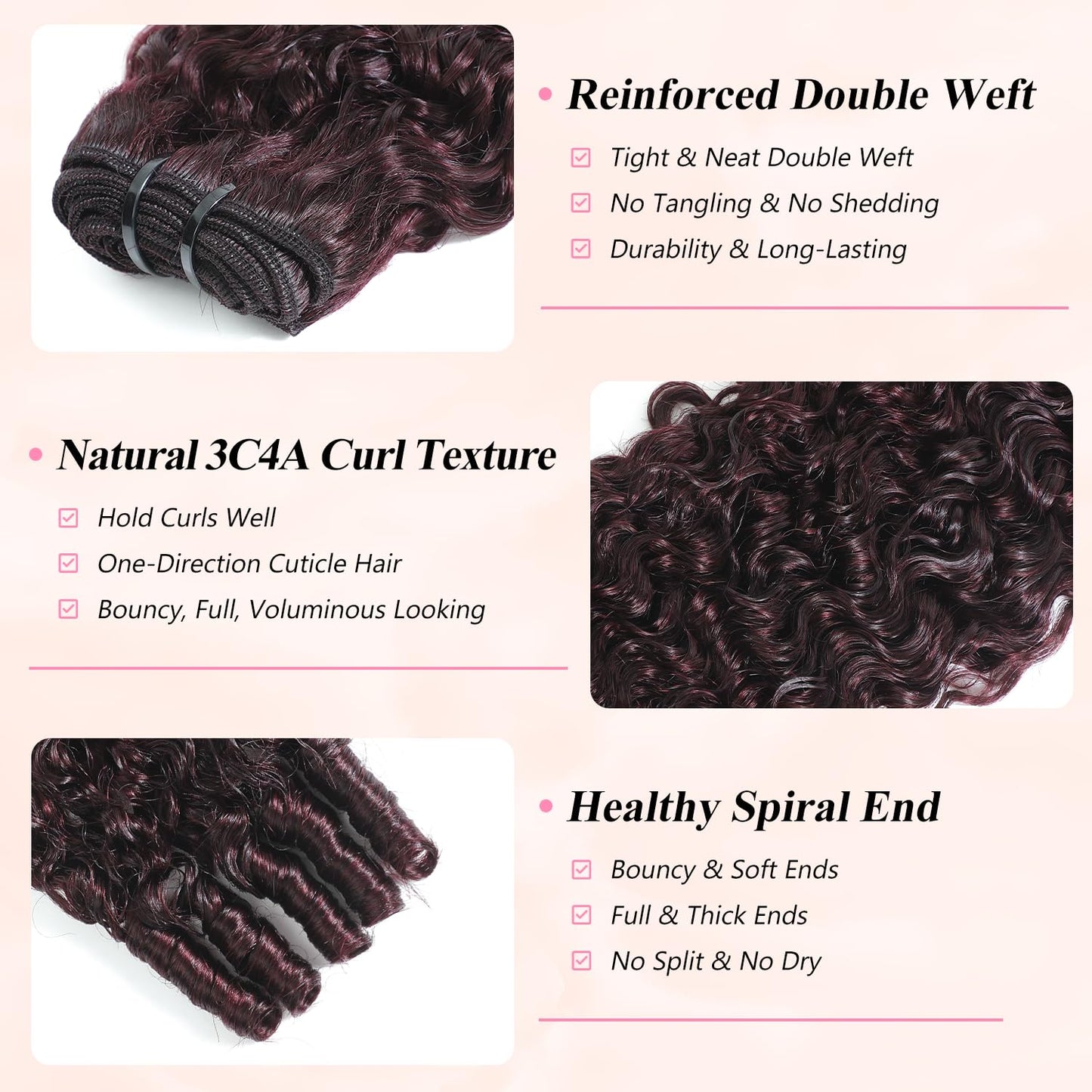 3pc Dark Burgundy Body Wave/Water Wave/Burmese Curly/Kinky Curly 1/3 Bundles Human hair