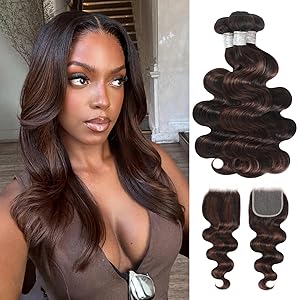 Free Part 4x4 Closure #F2/4 Dark Brown Highlight Body Wave 3 Bundles with 2x6 Closure