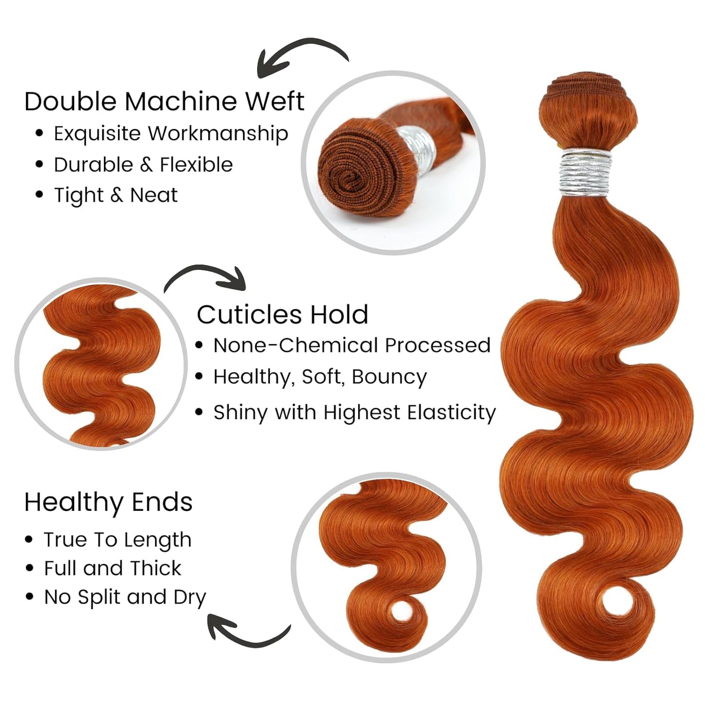 #350 Ginger Orange Body Wave 1/3 Bundles Body Wave 100% Virgin Human Hair