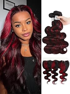 Red 1B/99j Burgundy Highlight Body Wave 3 Bundles with 13x4 Lace Closure Frontal