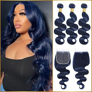 Dark Blue Body Wave 3 Bundles with 4x4/2x6 HD Lace Closure