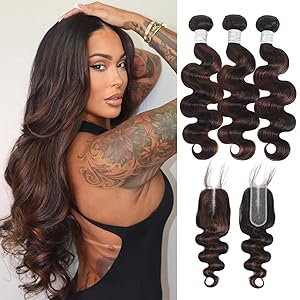 Free Part 4x4 Closure #F2/4 Dark Brown Highlight Body Wave 3 Bundles with 2x6 Closure
