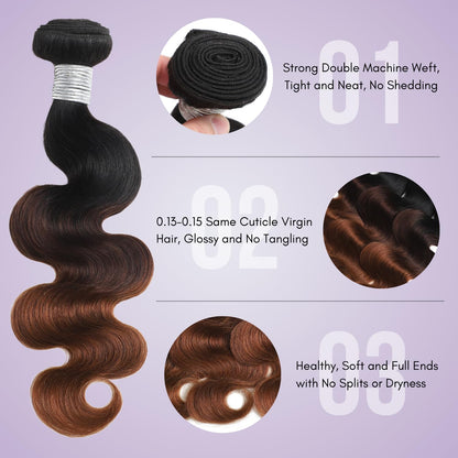 #T1B/2/30 Ombre Brown Body Wave 1/3 Bundles 100% Virgin Human Hair