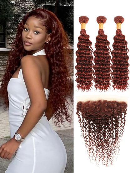 #33 Reddish Brown Body Wave 3 Bundles With 13x4 Ear to Ear Lace Frontal Deep Wave Bundle With Frontal