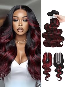 FB/99J Red Burgundy And Black Ombre 4x4/2x6 HD Lace Closure With 3 Bundles Body Wave Human Hair