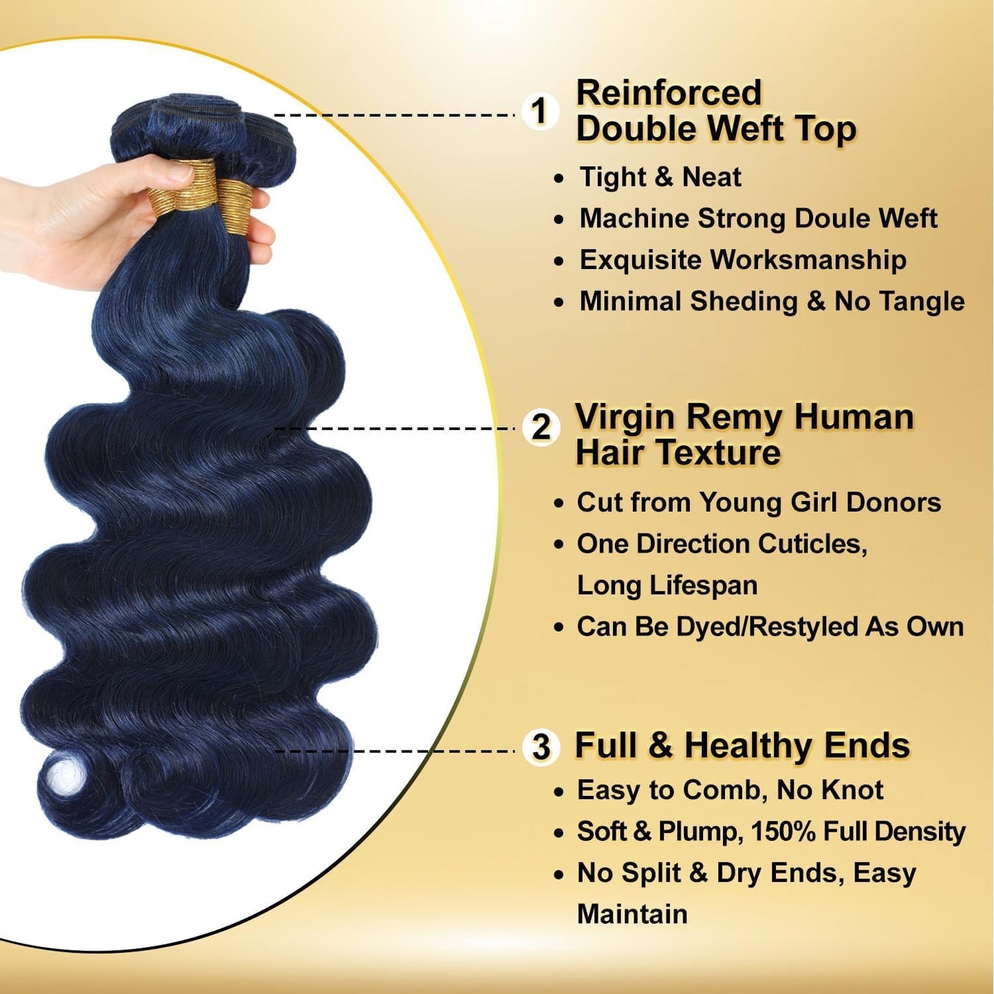 Midnight Dark Blue Body Wave 1/3 Bundles 100% Virgin Human Hair