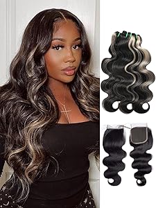 #F1B/613 Blonde Highlighted 3 Bundles with 4x4/2x6 HD Lace Closure