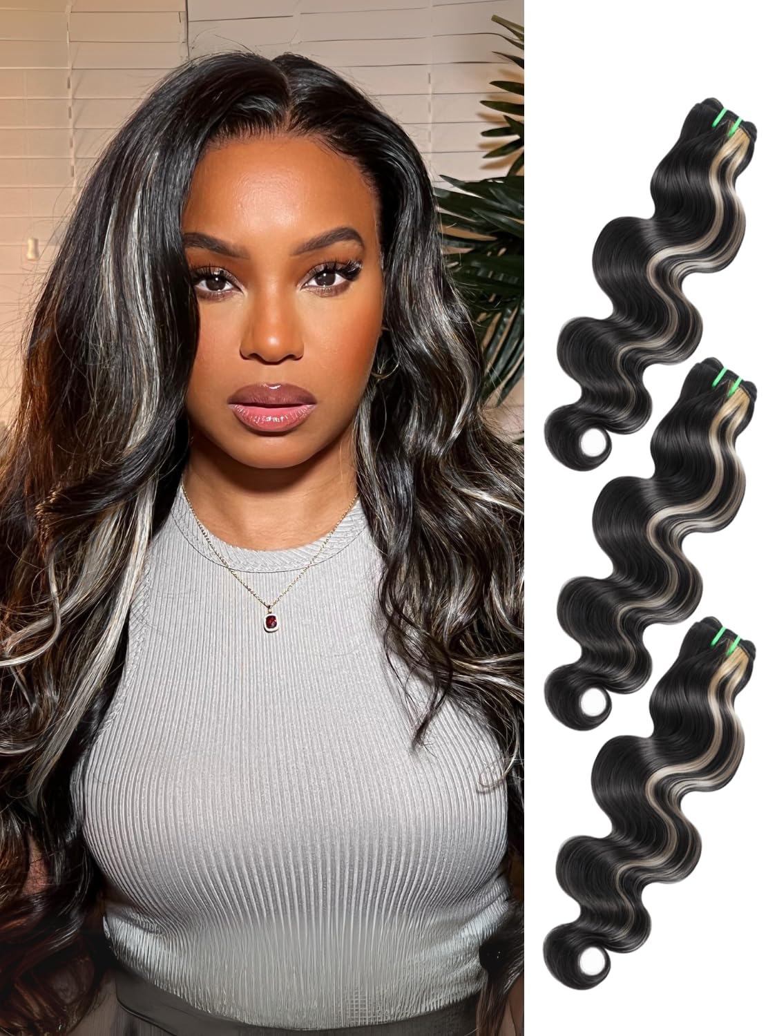 #F1B/613 Platinum Blonde Highlight Black Mix Color 1/3 Bundles Body Wave 100% Virgin Human Hair
