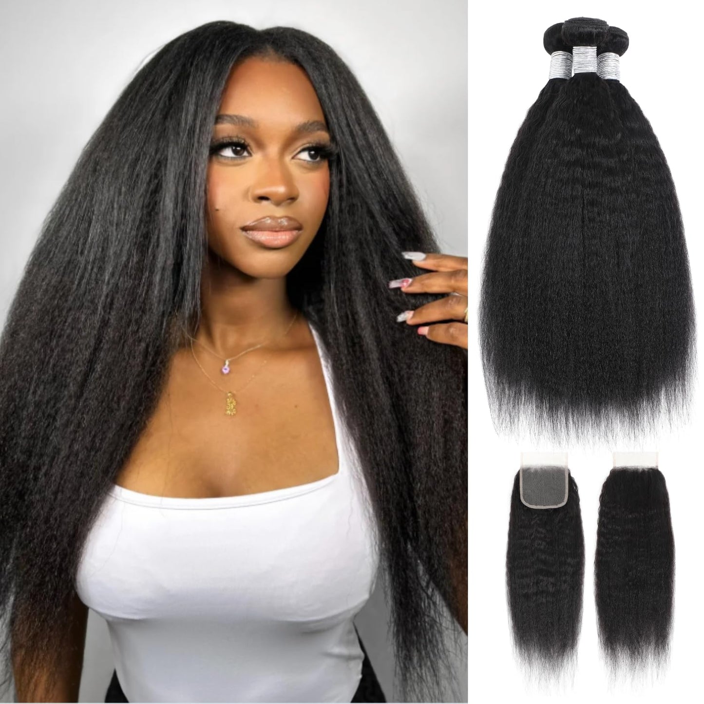 12A 100% Human Hair Yaki Straight Bundles with 4X4 HD Lace Closure