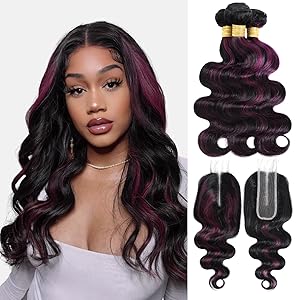 #1B/Purple Highlight Body Wave 3 Bundles with 4x4/2x6/5x5 Free Part Closure