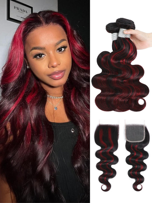 FB/99J Red Burgundy And Black Ombre 4x4/2x6 HD Lace Closure With 3 Bundles Body Wave Human Hair